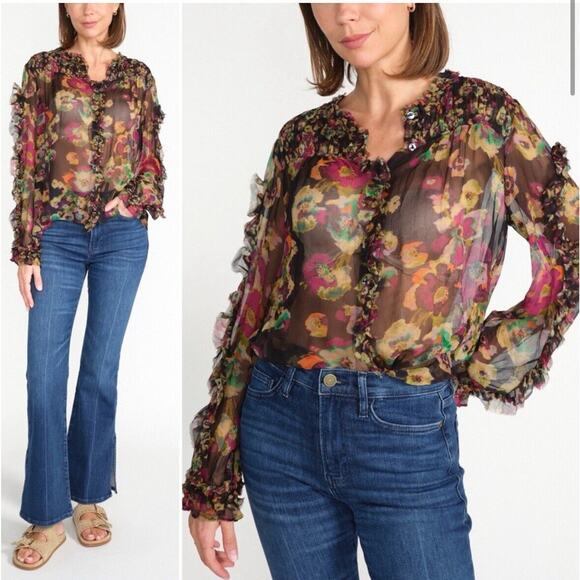 ULLA JOHNSON Andi Sheer Chiffon Crinkle Floral Silk Blouse Size 0 - Picture 2 of 7